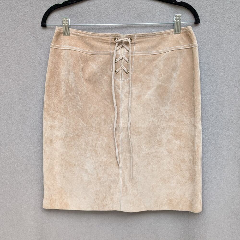 Doncaster Tan Suede Leather Tie Waist Straight Pencil Short Skirt, size 6